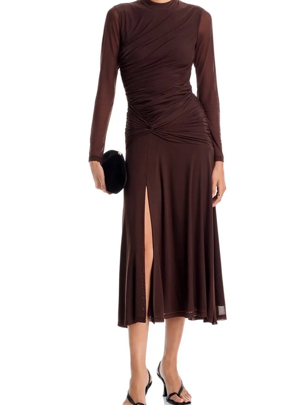 Wayf Dark Brown Long Sleeve Ruched Maxi Dress with Front Slit